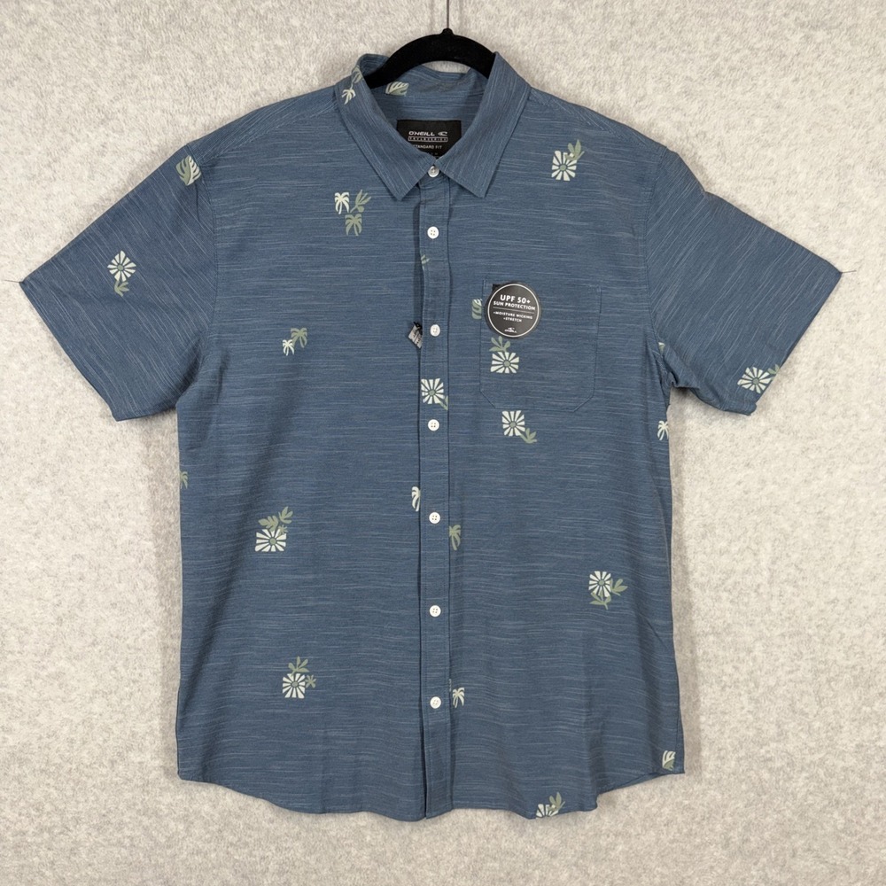O'Neil UPF 50+ Hawaiian Shirt Blue Floral Button Up Short Sleeve Surf Beach Med